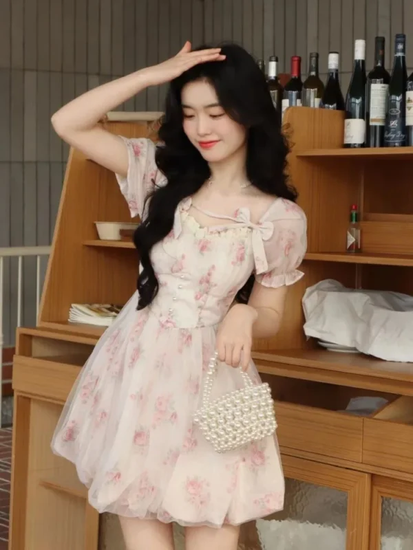 Pink floral dress, chic chiffon for spring and summer vacations - Image 4