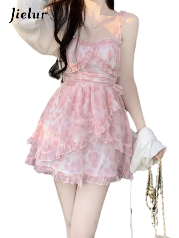 Jielur Summer Pink Floral Y2K Chiffon Mini Dress Women Party Dress - Image 6