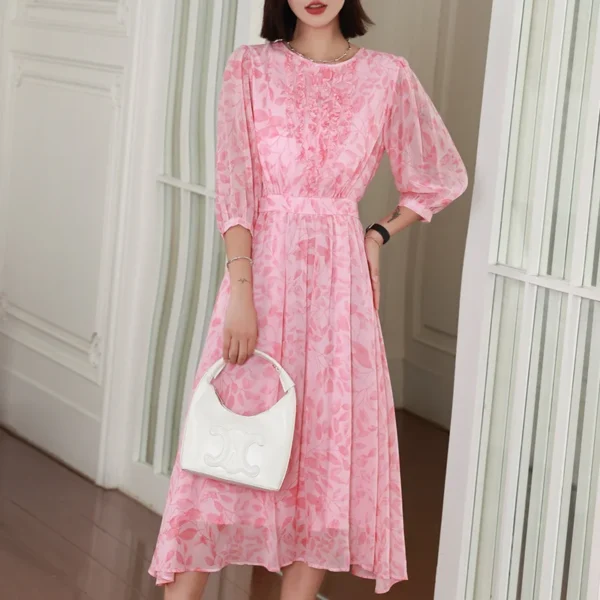 Pink Floral Dress Mulberry Silk Round Neck Long Skirt Elegant Fashion - Image 2