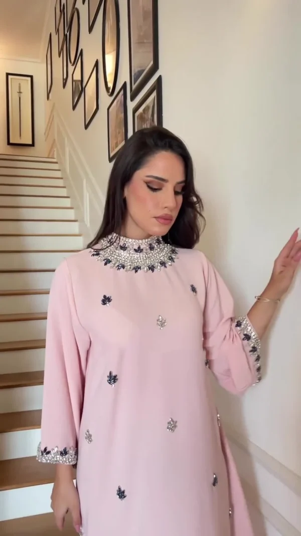 Customized Pink Floral Dress with Beadings, Crystals, Floor-Length Sleeves