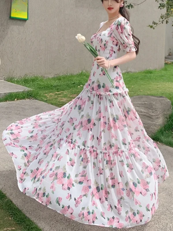 Women Elegant Floral Vintage Maxi Dress Square Neck A-Line Summer - Image 5