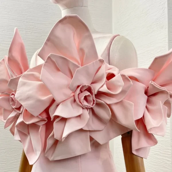 High-Quality Pink Floral Dress, Backless Off-Shoulder for Party - Image 5