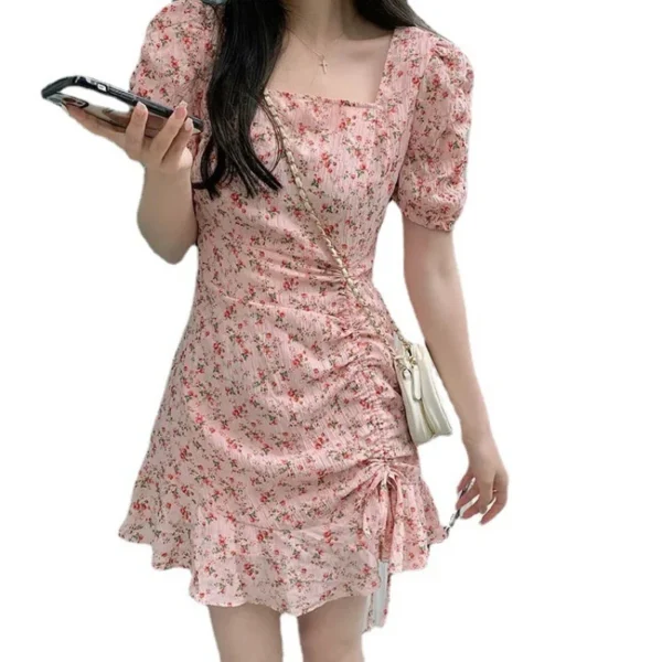 Summer Pink Floral Square Neck Casual Dress For Women Fashion - Image 5