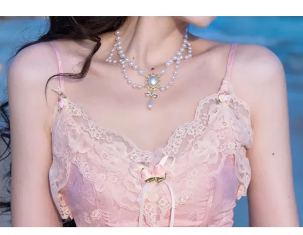 Pink floral dress, vintage French lace, spaghetti strap, party night attire - Image 6