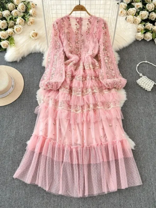 Pink Floral Dress Embroidery Ruffles Mesh Tulle Party Midi Long Elegant Vestidos - Image 2