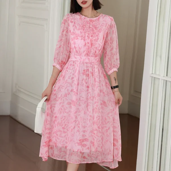 Pink Floral Dress Mulberry Silk Round Neck Long Skirt Elegant Fashion
