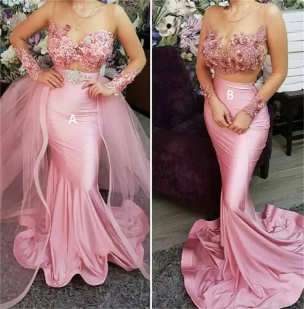 Pink Floral Dress: Blush Lace Appliqué Satin Mermaid Bridesmaid Gown