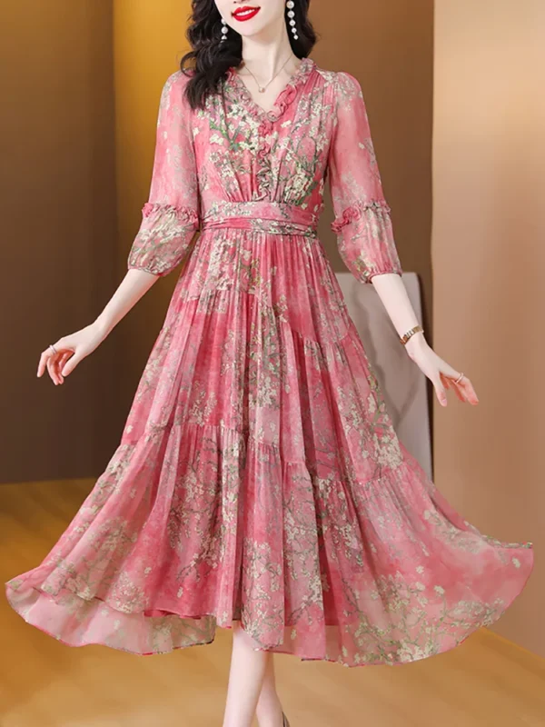 Pink Floral Dress Silk Long For Spring Summer Beach Holiday Party