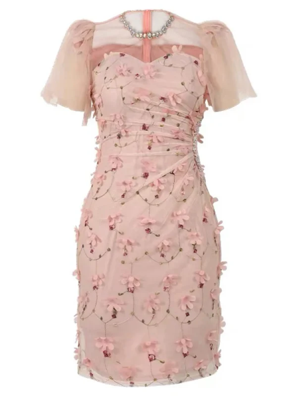 Pink Floral Dress Luxury Sexy Evening Gown Sheer Diamonds Elegant - Image 3
