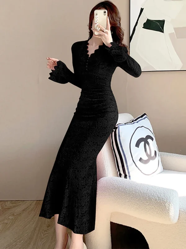 Pink Floral Dress Lace Hollow Bodycon Party Elegant Winter Fashion Vestidos - Image 3