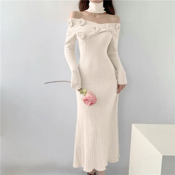 Elegant Pink Floral Knitted Sweater Dress Women Autumn Winter Bodycon - Image 4