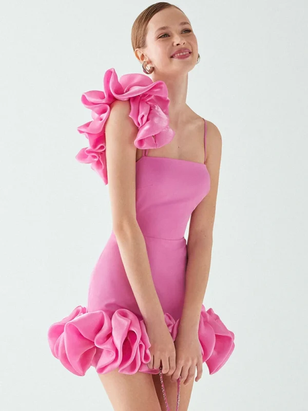 VC Pink Floral Trim One Shoulder Ruffled Bodycon Cocktail Dress - Image 5