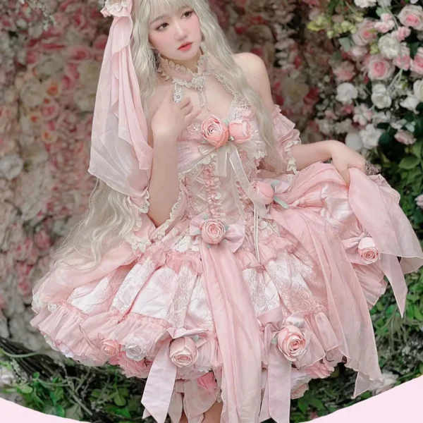 Autumn Spring Sweet Lolita Sleeveless Rose Lace Fairy Dress Gown - Image 2