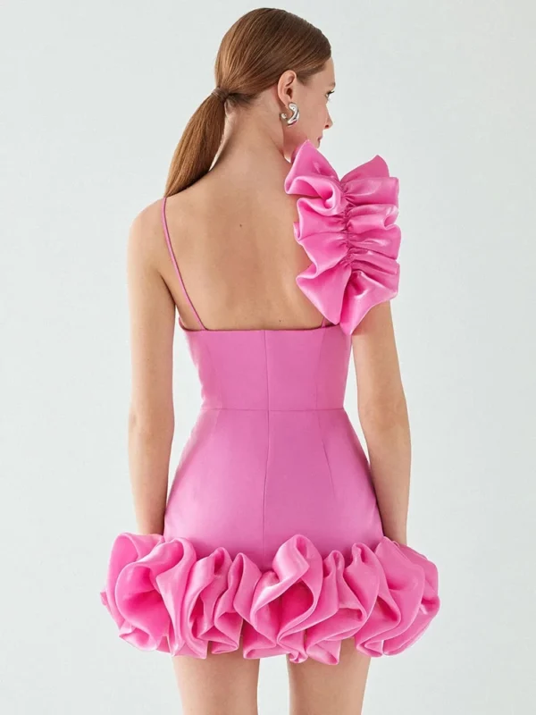 VC Pink Floral Trim One Shoulder Ruffled Bodycon Cocktail Dress - Image 6
