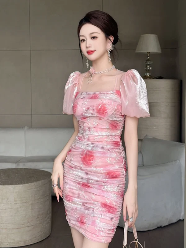 Summer Pink Mesh Floral Print Embroidery Puff Sleeve Party Dress