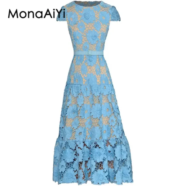 MonaAiYi Summer Fashion Pink Embroidery Hollow Out Belt Dress Women - Image 6