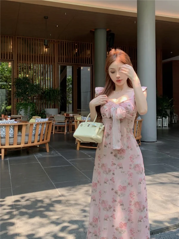 Pink Floral V-Neck A-Line Dress For Women’s Slim Elegant Summer Wear - Image 4