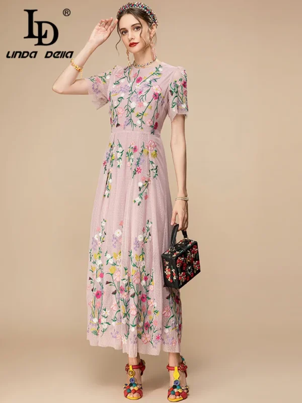 Pink Floral Dress Vintage Embroidery Mesh Party Long Dress Summer 2023 - Image 2