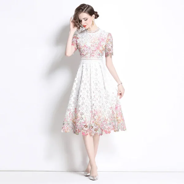 Elegant Pink Floral Lace Embroidery Midi Dress For Women Party 2025 - Image 5