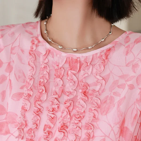 Pink Floral Dress Mulberry Silk Round Neck Long Skirt Elegant Fashion - Image 4