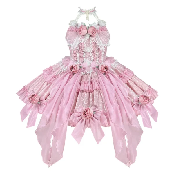 Pink Floral Dress Lolita Jacquard Rose Halter Slim Ball Gown Party Elegant Style - Image 5