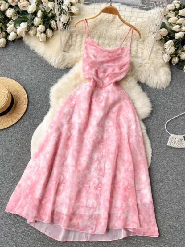 Women Pink Beach Dress Sleeveless Hollow A-line Floral Chiffon Gown