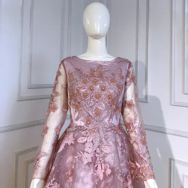 Pink Floral Dress: Muslim Long Sleeves A-Line Evening Gown - Image 3
