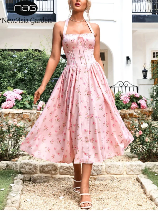 Pink Floral Dress Halter Backless Corset Spaghetti Straps Midi Dress