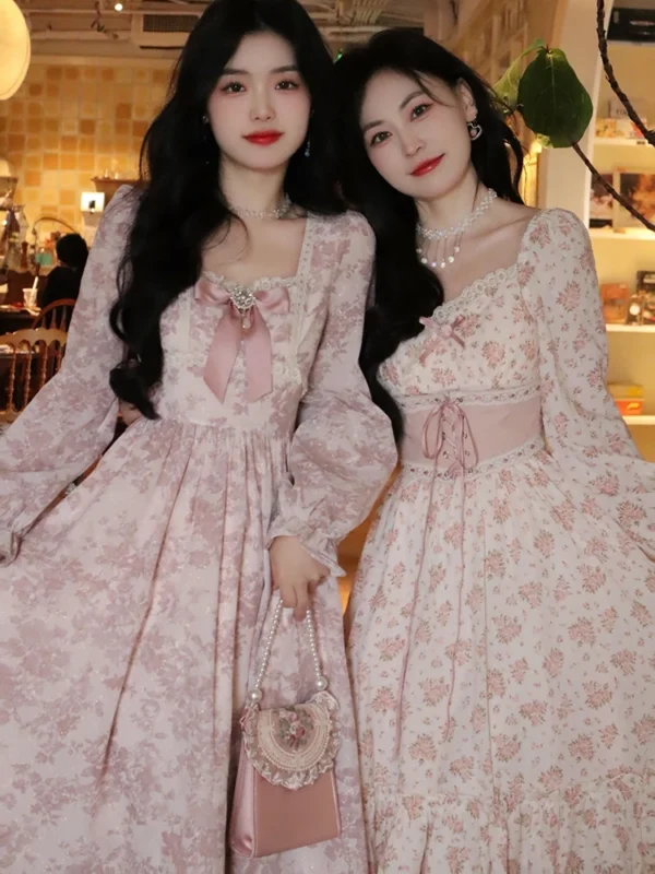 2025 Spring Pink Floral Bandage Lace Print Puff Sleeve Elegant Dress - Image 6