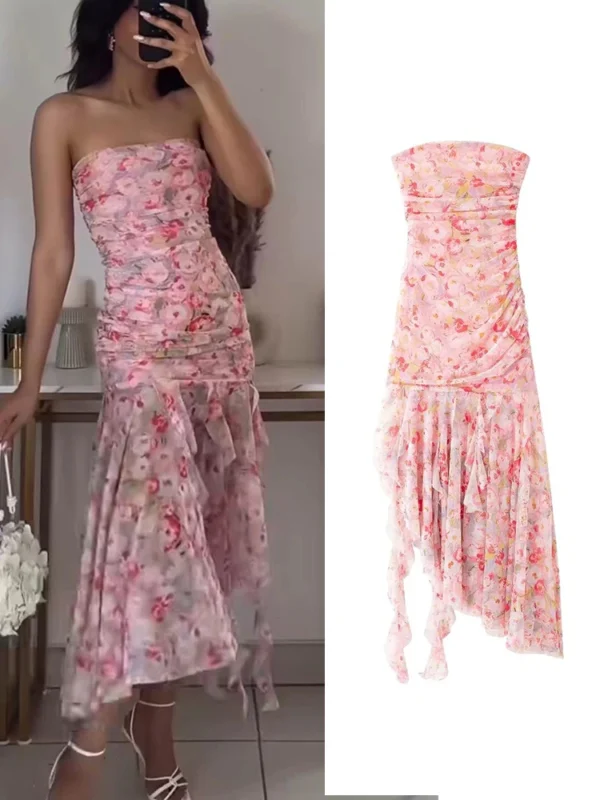 Sexy Backless Off Shoulder Pink Flower Printed Asymmetrical Midi Dress