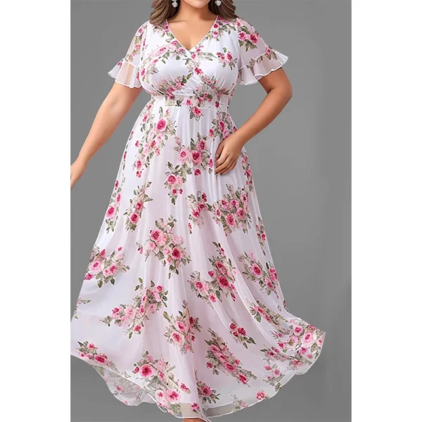 Pink Floral Dress Plus Size Chiffon Ruffle Sleeve V Neck Maxi Elegant Outfit