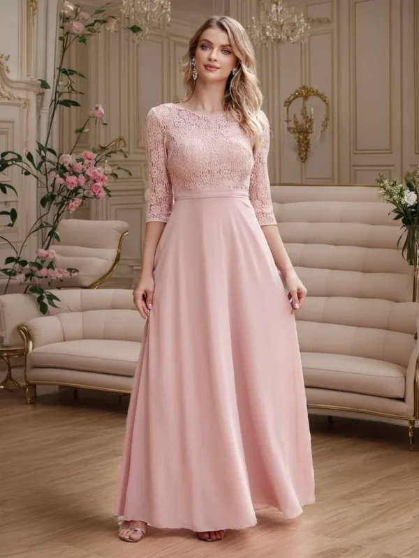 Pink floral dress, dusty pink chiffon, A-line, three-quarter sleeves, maxi