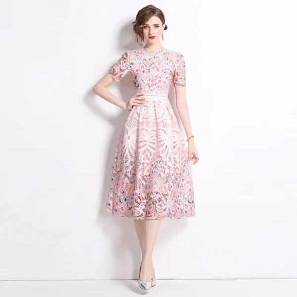 Elegant Pink Floral Lace Embroidery Midi Dress For Women Party 2025 - Image 2