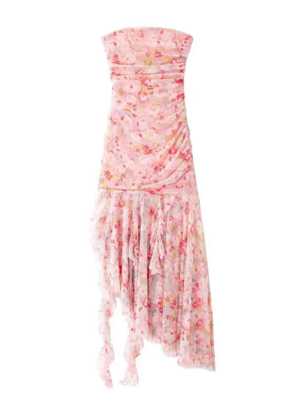Sexy Backless Off Shoulder Pink Flower Printed Asymmetrical Midi Dress - Image 2