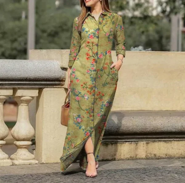 Pink Floral Vintage Long Sleeve Maxi Shirt Dress With Pockets Casual Wear - Image 3