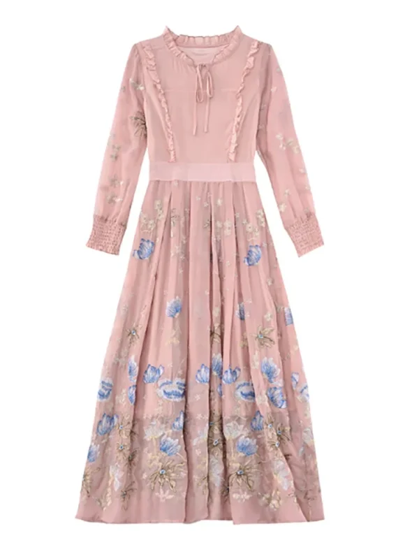 Pink Floral Dress: Autumn Winter Embroidery Ruffled Collar Casual Long Gown - Image 6