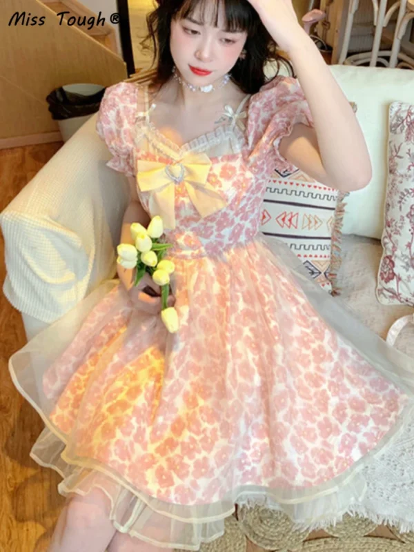 Lace Lolita Print Pink Bow Floral Y2K Sweet Party Mini Dress Women - Image 5