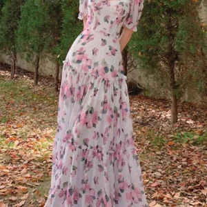 Women Elegant Floral Vintage Maxi Dress Square Neck A-Line Summer