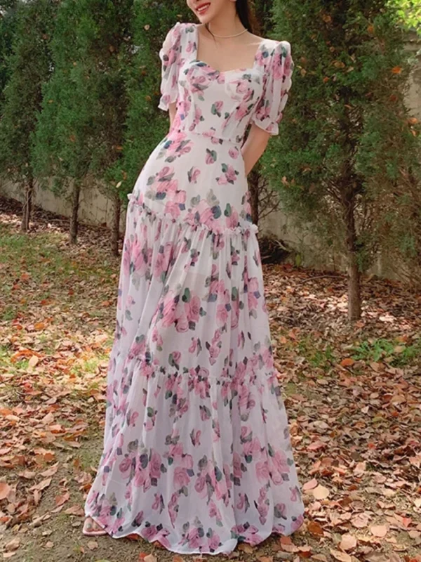 Women Elegant Floral Vintage Maxi Dress Square Neck A-Line Summer