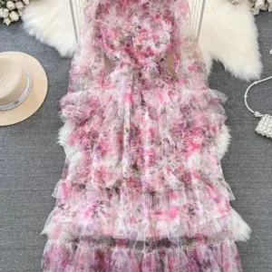 Fashion Gorgeous Pink Floral Print Ruffle Dress With Butterfly Sleeves