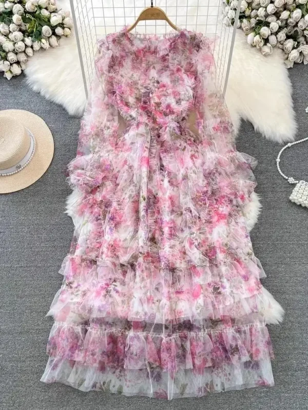 Fashion Gorgeous Pink Floral Print Ruffle Dress With Butterfly Sleeves