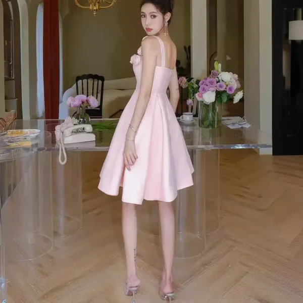 French Pink 3D Flower Diamond A-Line Dress For Evening Parties - Image 4