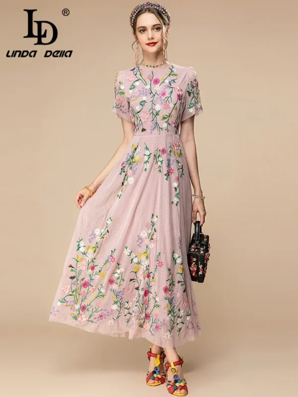 Pink Floral Dress Vintage Embroidery Mesh Party Long Dress Summer 2023 - Image 3