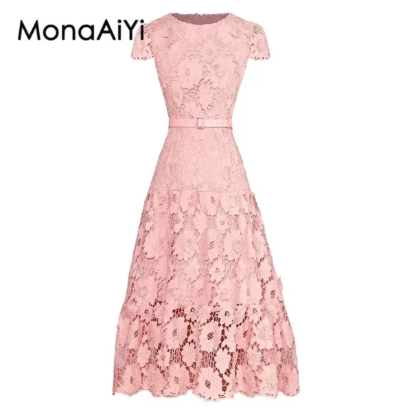 MonaAiYi Summer Fashion Pink Embroidery Hollow Out Belt Dress Women - Image 2