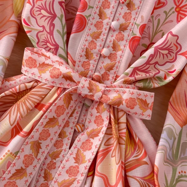 Elegant Pink Floral Long Sleeve Dress Women Spring Summer Linen - Image 3