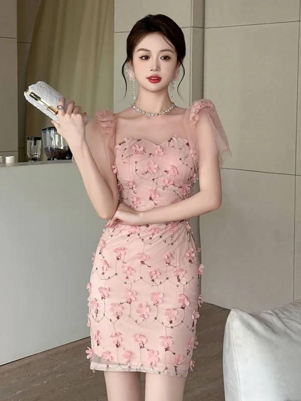 Pink Floral Dress Luxury Sexy Evening Gown Sheer Diamonds Elegant - Image 5