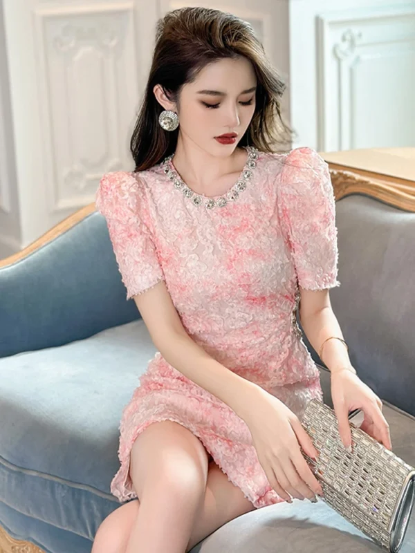New Sweet Pink Bodycon Dress Women Petal Mesh Diamond Gown - Image 6