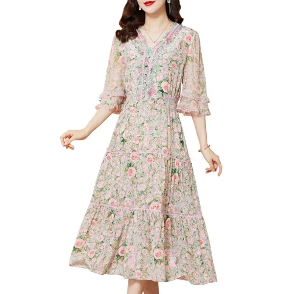 Office Lady Pink Summer Floral Slim Silk Dress For Women Elegant - Image 5