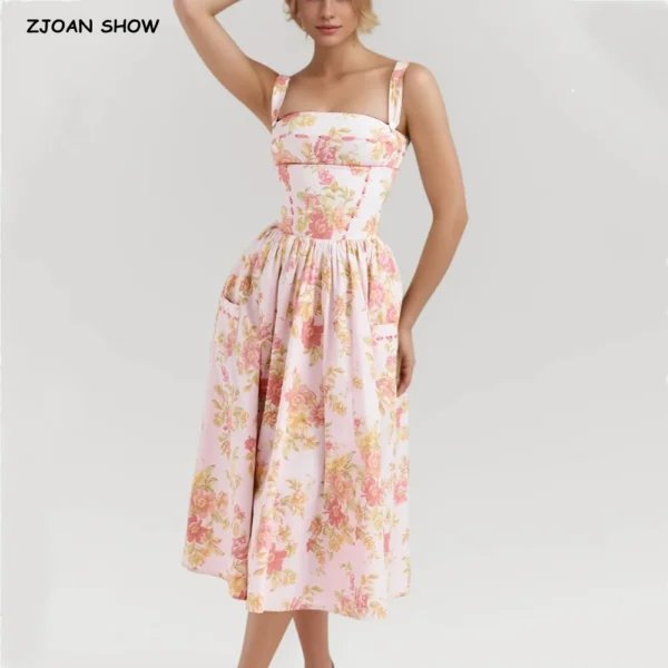 Pink Floral Dress Cross Ribbon Slim Low Waist A-Line Swing Midi