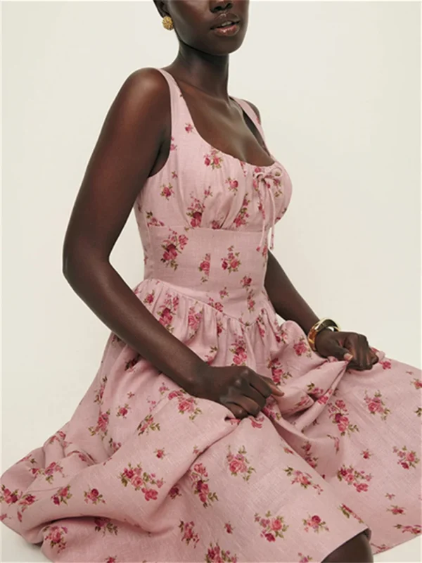 Women Pink Floral Print Sleeveless Slim Summer Linen Vacation Dress - Image 3